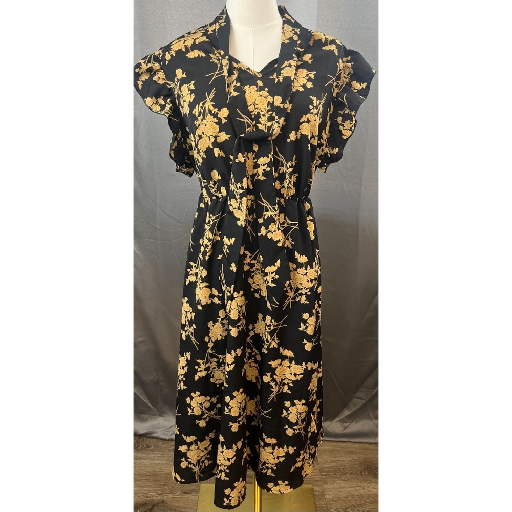 Maxi Boho Floral Cowgirl Festival Dress XL Black Yellow Flutter Sleeve V-Neck